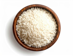 Rice in wooden bowl, isolated on white