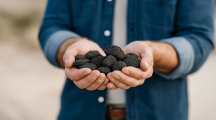 A startup engineer showcasing compact energy pellets made from food waste, holding the uniform dark pellets while explaining zero-waste conversion on camera — circular economy innovation,
