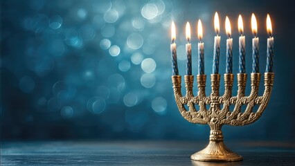 Elegant hanukkah menorah with blue candles glowing against a blurred sparkling background