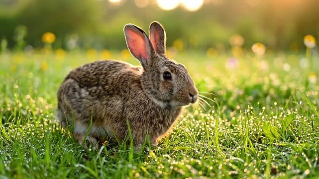 A wild rabbit diligently foraging for fresh greens amidst a sun dappled meadow, showcasing its natural instinct and connection to the ecosystem. ground level, natural behavior