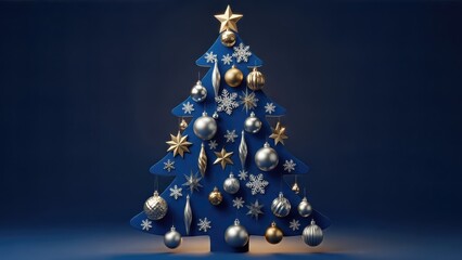 Elegant blue christmas tree decorated with gold and silver ornaments against a dark background