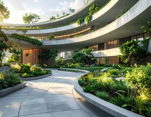 Modern, curved building with rooftop garden and stone path