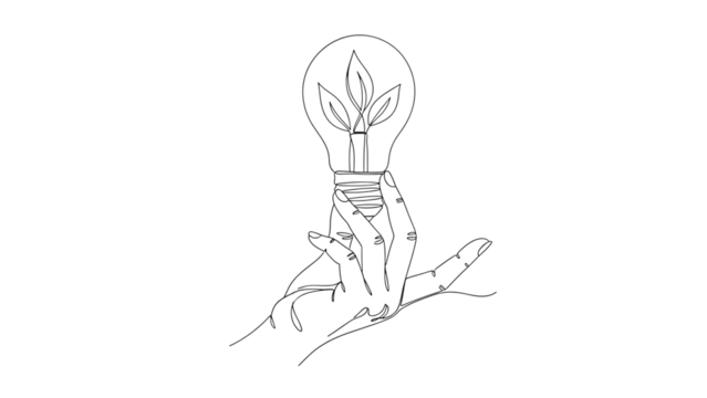 Hand holding light bulb with leaf inside, isolated on transparent background