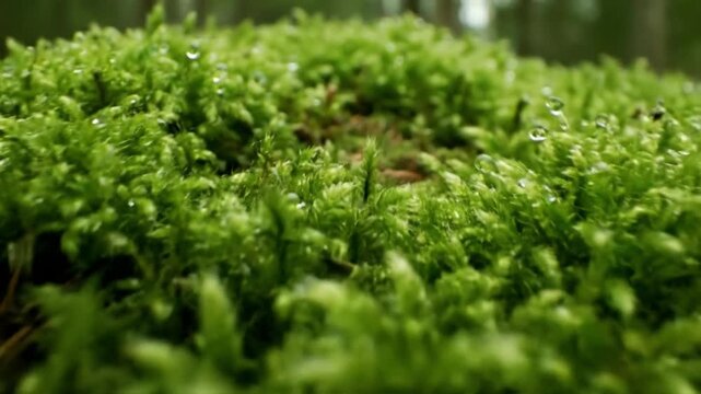An intimate, ultra macro perspective revealing the intricate, velvety textures and delicate structures of vibrant green moss, showcasing individual fronds and spore capsules under soft, natural light.