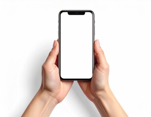 Hands hold blank mobile phone; neutral background