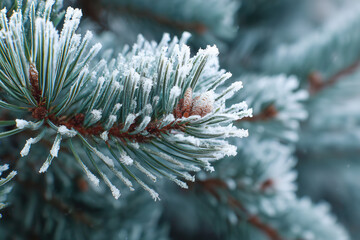 macro shot of frosty pine needles on a blue spruce branch