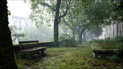Fototapeta premium Misty Park Pathway With Benches And Lush Greenery. Serene Urban Escape