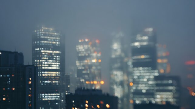 Cityscape Of Illuminated Skyscrapers In Foggy Night. Urban Skyline With Blurred Lights