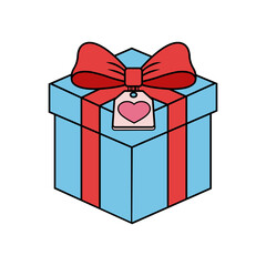 Gift box with heart tag and bow, flat color vector 01