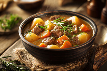rustic and hearty beef stew with potatoes and carrots served in a dark bowl on a farmhouse wooden table with steam rising