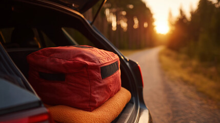 Preparing for an outdoor adventure: Red travel bag and gear packed securely in the open car trunk as the sun sets over a winding forest road.