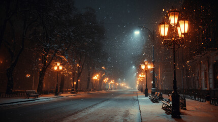atmospheric snowy city street at night with warm glowing vintage streetlights and falling snowflakes