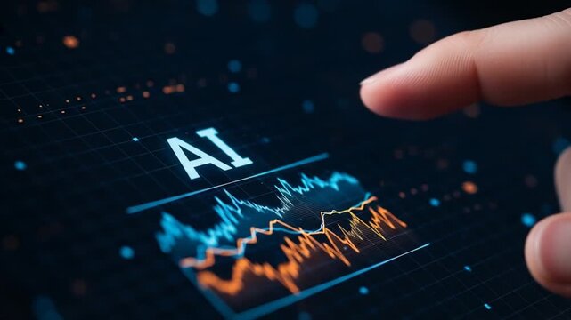 Futuristic AI dashboard with graphs, a fingertip hovering above holographic data grid. with glow UI