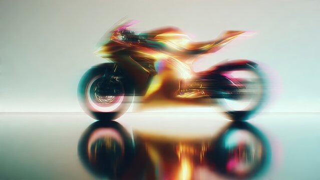 Futuristic abstract motorcycle in speed motion with neon lights and reflection