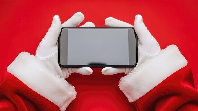 Santa claus hands holding smartphone against festive red background