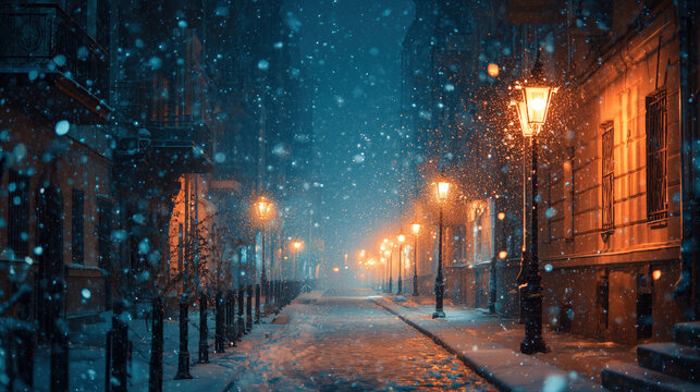 atmospheric snowy city street at night with warm glowing vintage streetlights and falling snowflakes - Powered by Adobe