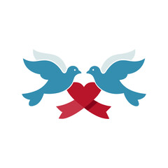 Two doves carrying ribbon with heart emblem, white background vector art