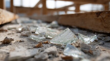 Shattered Glass On Construction Site Floor. Symbol Of Destruction And Hazard