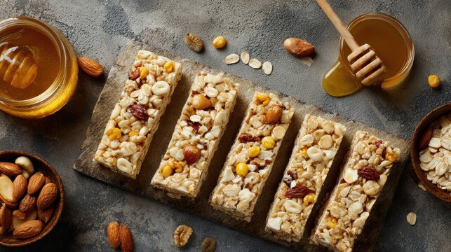 Healthy granola bars with honey and nuts for a delicious snack - Powered by Adobe