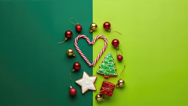 Festive christmas candy canes and cookies on green and yellow background with red ornaments - Powered by Adobe