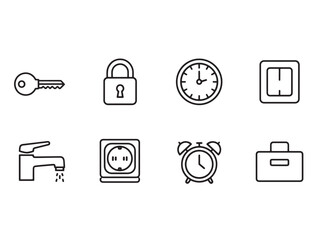 Home Essentials Icons. Home essentials linear icon set: key, lock, thermostat, light switch, faucet, plug socket, alarm clock, storage box