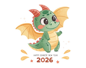 Cute Baby Dragon Watercolor Happy Chinese New Year 2026 vector illustration isolated on white background