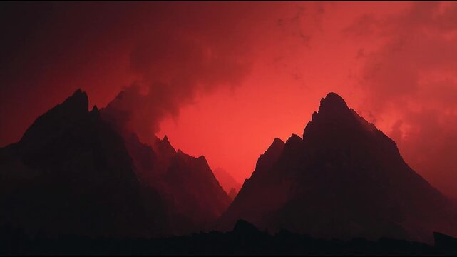 Jagged Mountains Silhouetted Red Storm Light