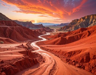 Fototapeta premium Dramatic Landscape of Red Rock Canyon with Winding River at Sunset.