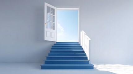 Obraz premium A metaphorical image of blue steps leading up to an open doorway offering a view of a clear bright sky representing the start of a new journey hope and unlimited possibilities