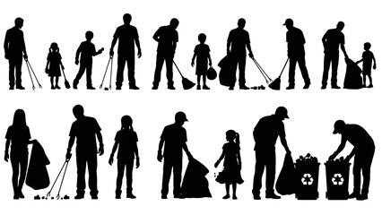 Obraz premium Silhouette illustrations of people and children cleaning up, recycling, and collecting trash