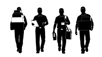 Delivery personnel in silhouette, carrying packages and bags, representing logistics and courier services