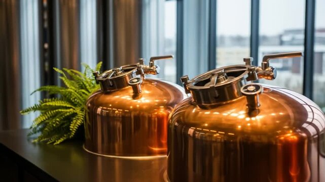 Copper distillation pots gleam on a dark counter beside a green plant under a bright, sunlit window!