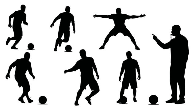 Silhouettes of male football players in various poses during a match or training session