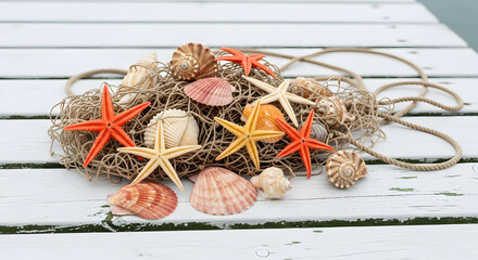 A vibrant collection of colorful starfish and assorted seashells artfully arranged on a fishing net over a white wooden pier