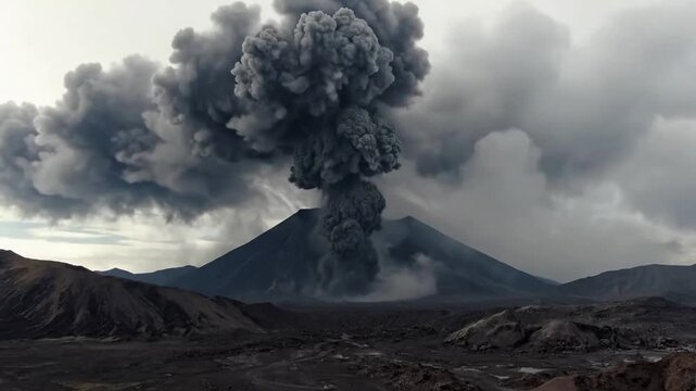 Erupting stratovolcano with massive ash column, showcasing the immense scale of the ash plume rising into the sky against a dramatic, untouched natural landscape.