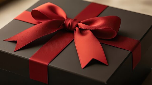 Elegantly wrapped gift box with luxurious red satin ribbon on black background