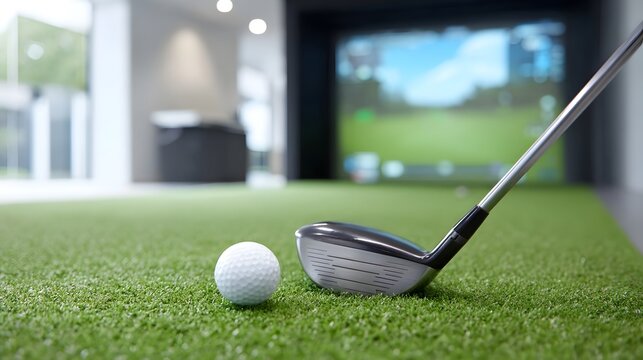 Indoor golf simulator setup featuring a club and ball on green turf preparing for a virtual shot on a large screen display highlighting practice and leisure