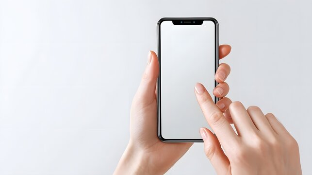 A detailed close up of hands using a modern smartphone with an empty screen set against a minimalist white backdrop emphasizing user interaction and digital connectivity
