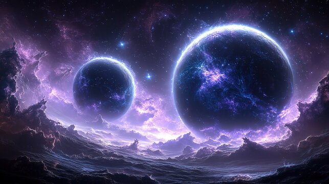 Two Celestial Bodies in a Nebulous Cosmic Landscape with Star - filled Sky and Dramatic Clouds