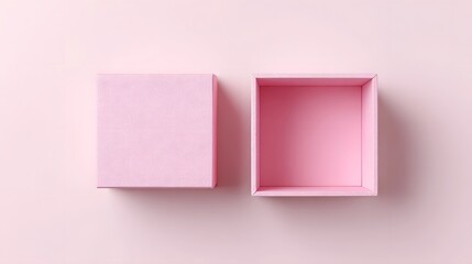 Naklejka premium A clean top down studio shot features a pair of square pink boxes arranged on a solid pink background one box is open and empty while the other is closed highlighting minimalist packaging design