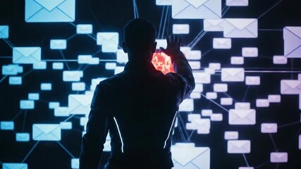 Man in front of a digital network of emails, data and information. - Powered by Adobe