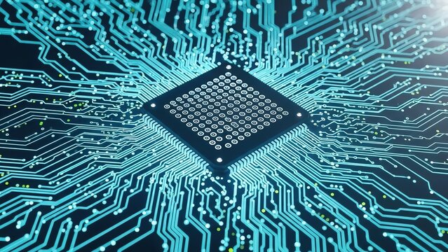 Closeup view of a glowing blue microchip or central processing unit cpu on a complex electronic circuit board with intricate pathways video 4k - Powered by Adobe
