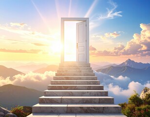 Stairway to open door, sun shining, clouds and mountains