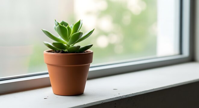 Green succulent plant in a terracotta pot on a windowsill with blurred green foliage background image