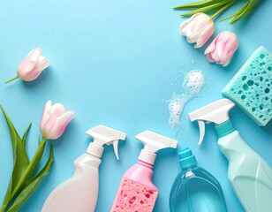Cleaning supplies and tulips on light blue background