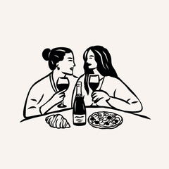 Line art friends sitting at cafe, drinking wine and eating pasta