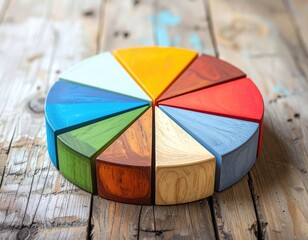 Colorful wooden pie chart on rustic weathered wood