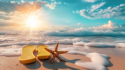 Sunrise beach scene with yellow flip-flops and starfish