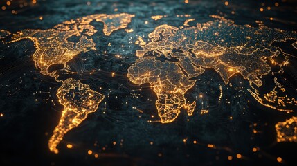 Global map, illuminated by city lights, dark background