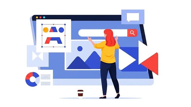 Creative Woman Managing Digital Content on Large Screen, Designing User Interface for Modern Web Development and Online Presence